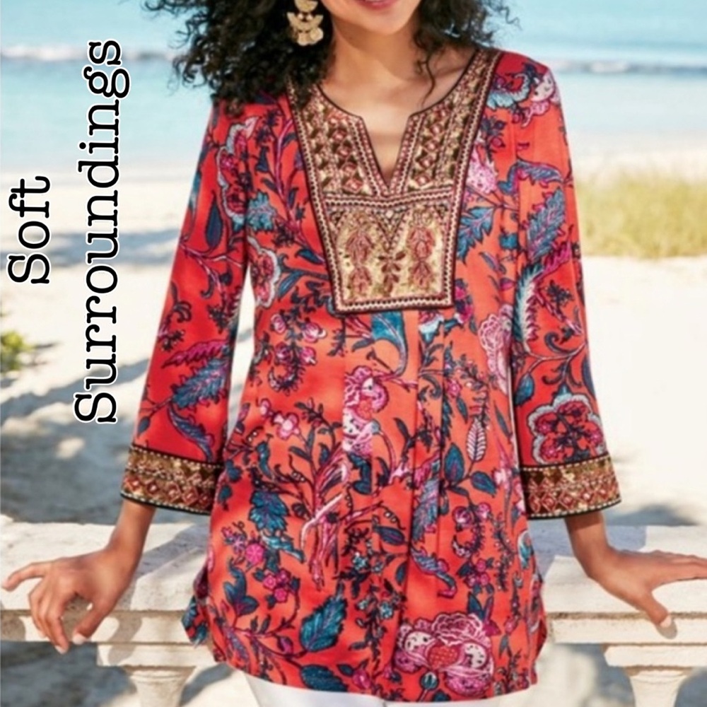 Soft Surroundings Samara Embellished Red Floral Top Size 3X
